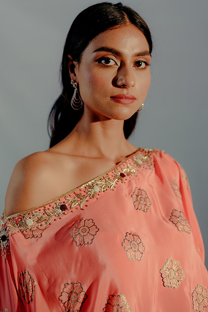 Coral Crepe Printed & Embroidered Co-Ord Set by Aaryaa By Kashveen Kohli at Pernia's Pop Up Shop