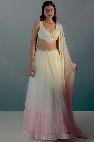 Baby Pink Organza Embroidered Ombre Lehenga Set by Aaryaa By Kashveen Kohli