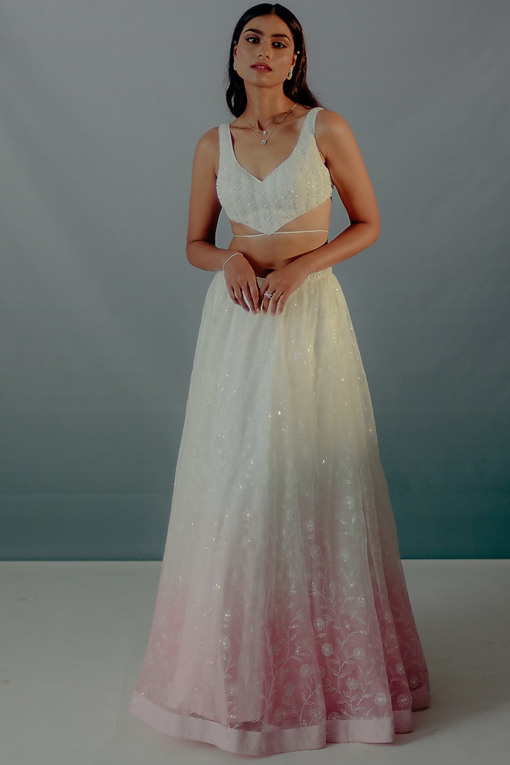 Baby Pink Organza Embroidered Ombre Wedding Lehenga Set by Aaryaa By Kashveen Kohli at Pernia's Pop Up Shop
