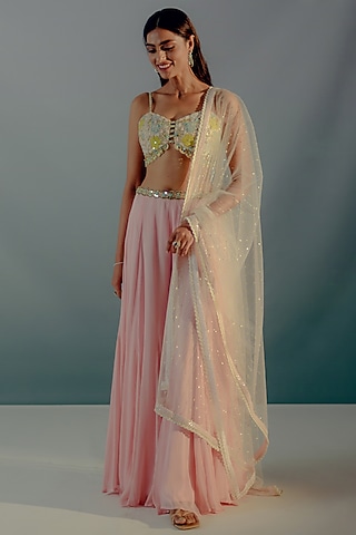 Flamingo Pink Georgette Panelled Palazzo Pant Set by Aaryaa By Kashveen Kohli