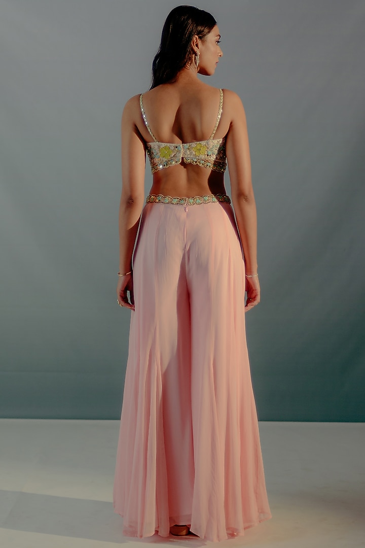 Flamingo Pink Georgette Panelled Palazzo Pant Set by Aaryaa By Kashveen Kohli at Pernia's Pop Up Shop