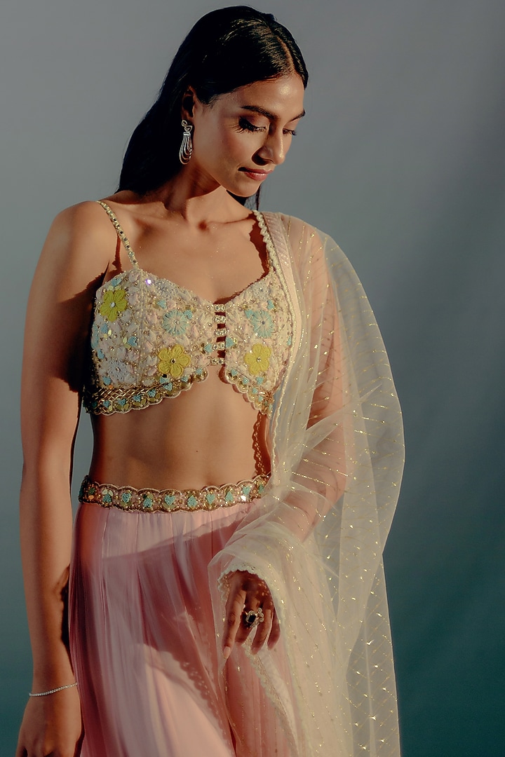 Flamingo Pink Georgette Panelled Palazzo Pant Set by Aaryaa By Kashveen Kohli at Pernia's Pop Up Shop