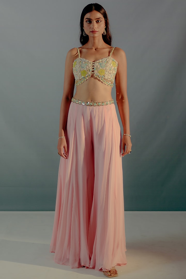 Flamingo Pink Georgette Panelled Palazzo Pant Set by Aaryaa By Kashveen Kohli at Pernia's Pop Up Shop