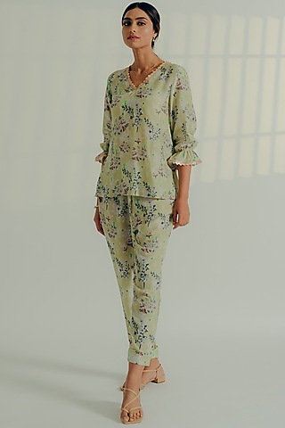 Sage Green Silk Embellished Co-Ord Set by Aaryaa By Kashveen Kohli