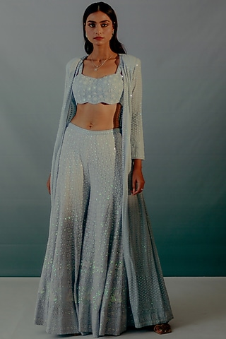 Baby Blue Georgette Lucknowi Embroidered Sharara Set by Aaryaa By Kashveen Kohli