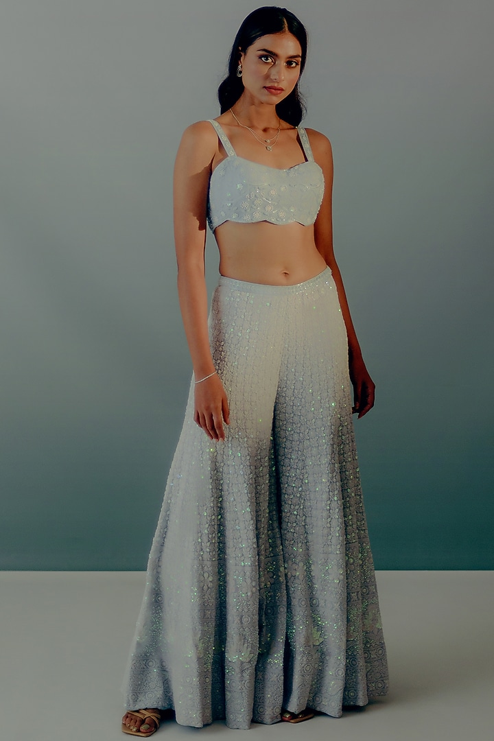 Baby Blue Georgette Lucknowi Embroidered Bridal Sharara Set by Aaryaa By Kashveen Kohli at Pernia's Pop Up Shop