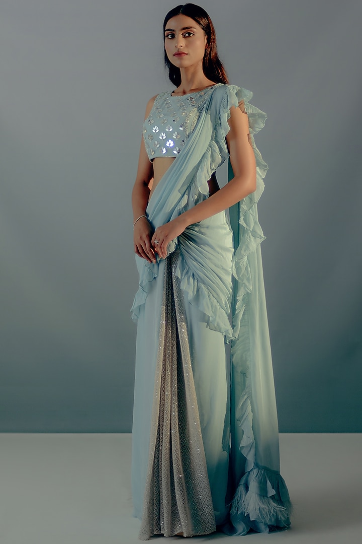 Blue Mesh Sequins & Organza Concept Ruffled Saree Set by Aaryaa By Kashveen Kohli