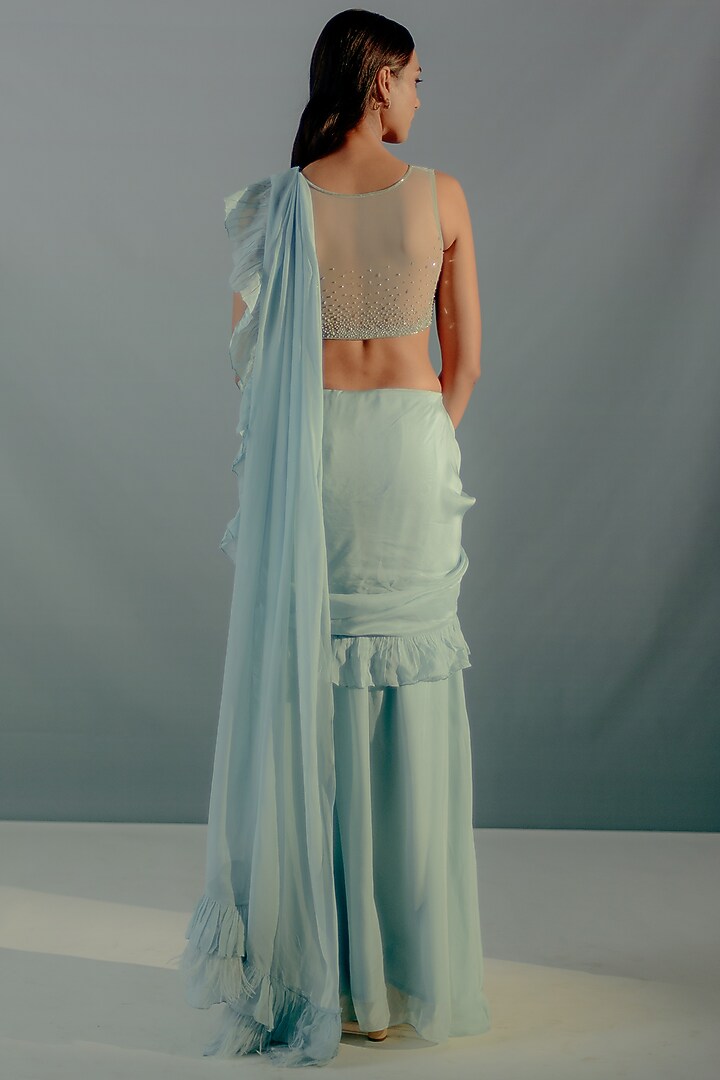 Blue Mesh Sequins & Organza Concept Ruffled Wedding Saree Set by Aaryaa By Kashveen Kohli at Pernia's Pop Up Shop