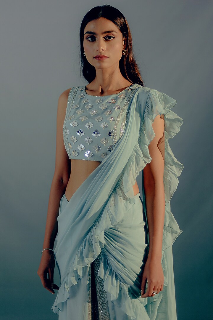 Blue Mesh Sequins & Organza Concept Ruffled Wedding Saree Set by Aaryaa By Kashveen Kohli at Pernia's Pop Up Shop