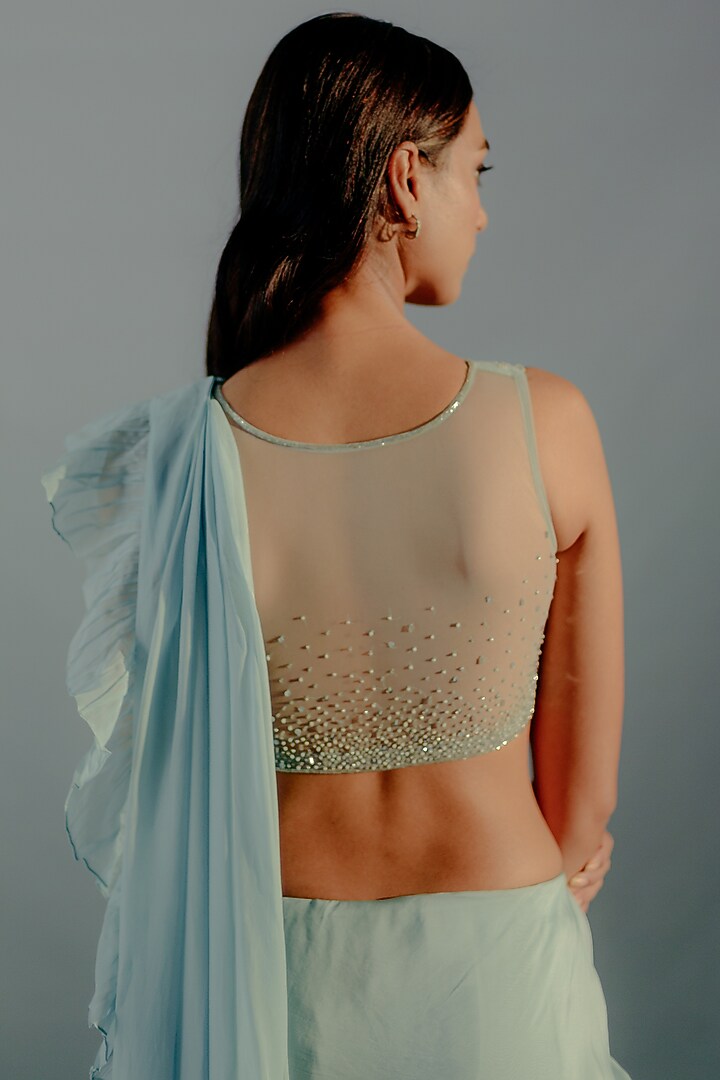 Blue Mesh Sequins & Organza Concept Ruffled Wedding Saree Set by Aaryaa By Kashveen Kohli at Pernia's Pop Up Shop