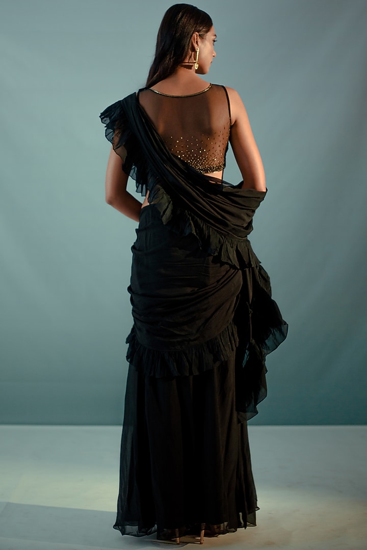 Black Mesh Sequins & Organza Concept Ruffled Wedding Saree Set by Aaryaa By Kashveen Kohli at Pernia's Pop Up Shop