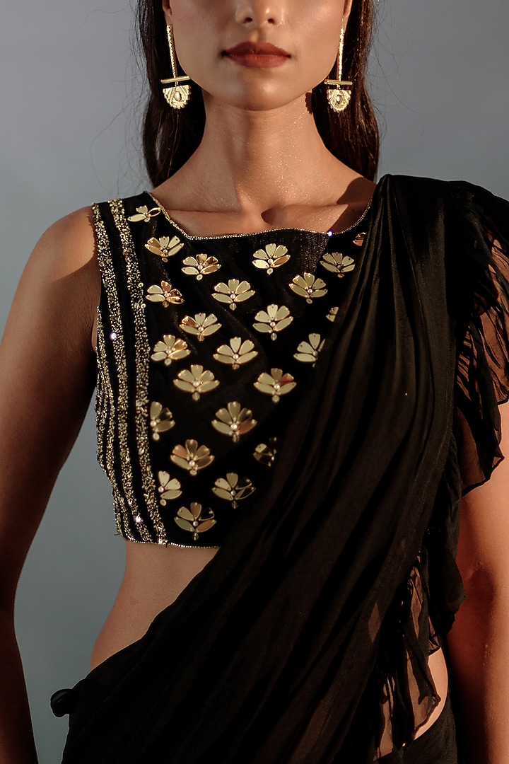 Black Mesh Sequins & Organza Concept Ruffled Wedding Saree Set by Aaryaa By Kashveen Kohli at Pernia's Pop Up Shop