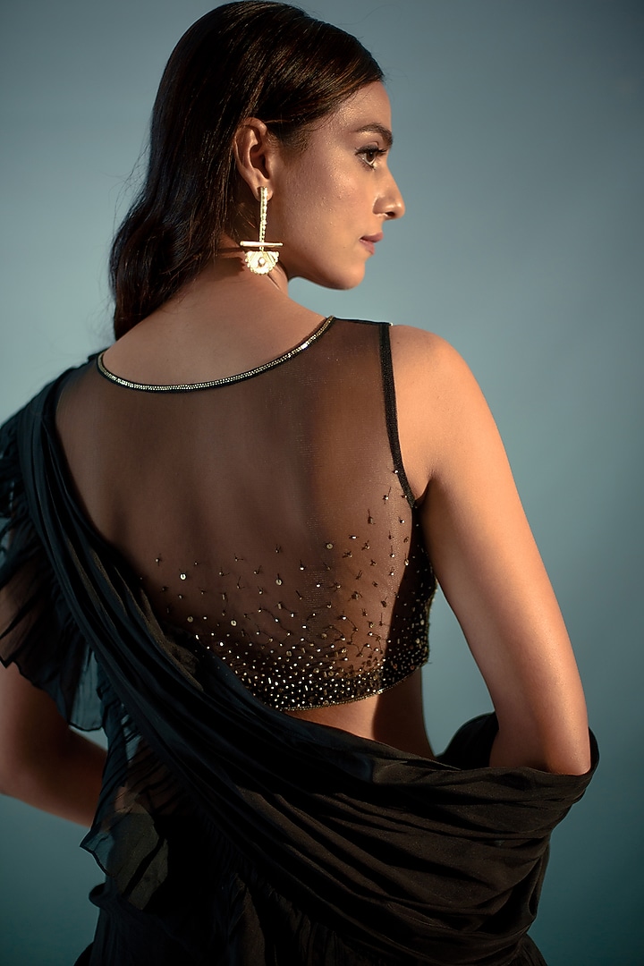 Black Mesh Sequins & Organza Concept Ruffled Wedding Saree Set by Aaryaa By Kashveen Kohli at Pernia's Pop Up Shop
