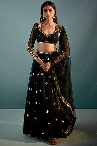 Black Net Hand Embroidered Lehenga Set by Aaryaa By Kashveen Kohli