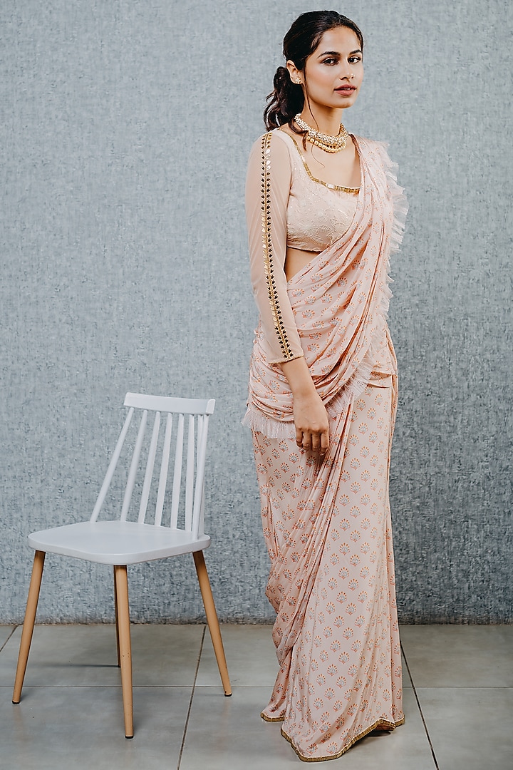 Peach Digital Printed Pre-Stitched Saree by Aaryaa By Kashveen Kohli