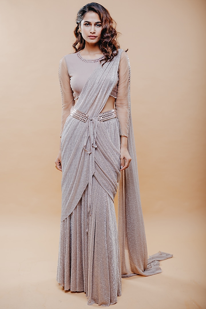 Mauve Shimmer Stretch Draped Skirt Saree Set by Aaryaa By Kashveen Kohli