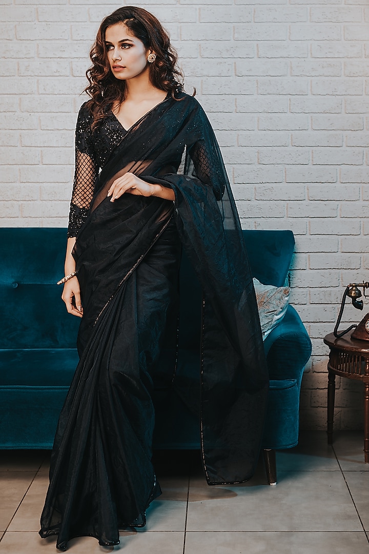 Midnight Blue Embroidered Wedding Saree Set by Aaryaa By Kashveen Kohli at Pernia's Pop Up Shop
