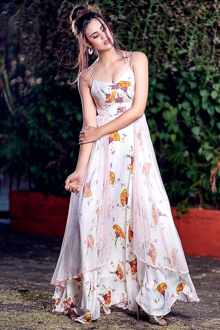 Off White Digital Printed Layered Dress by Aaryaa By Kashveen Kohli