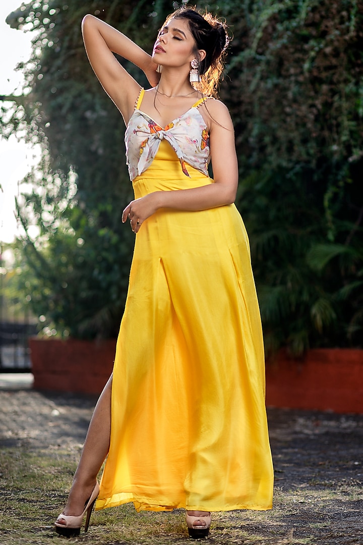 Yellow Matte Satin Strappy Dress by Aaryaa By Kashveen Kohli
