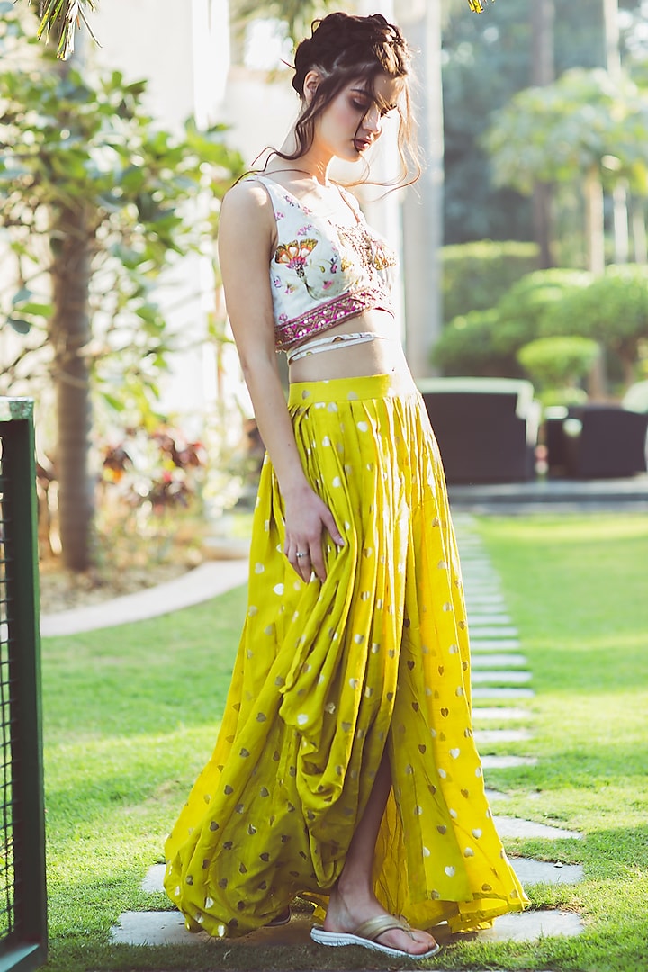 Lime Green Printed Draped Skirt Set by Aaryaa By Kashveen Kohli