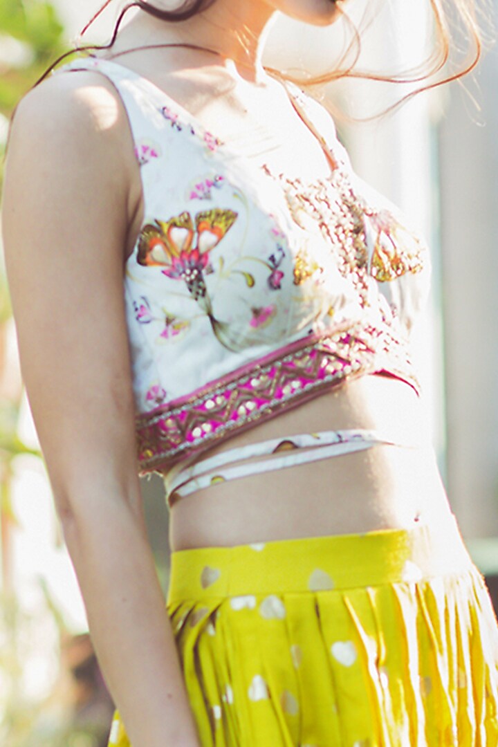 Lime Green Printed Draped Skirt Set by Aaryaa By Kashveen Kohli at Pernia's Pop Up Shop