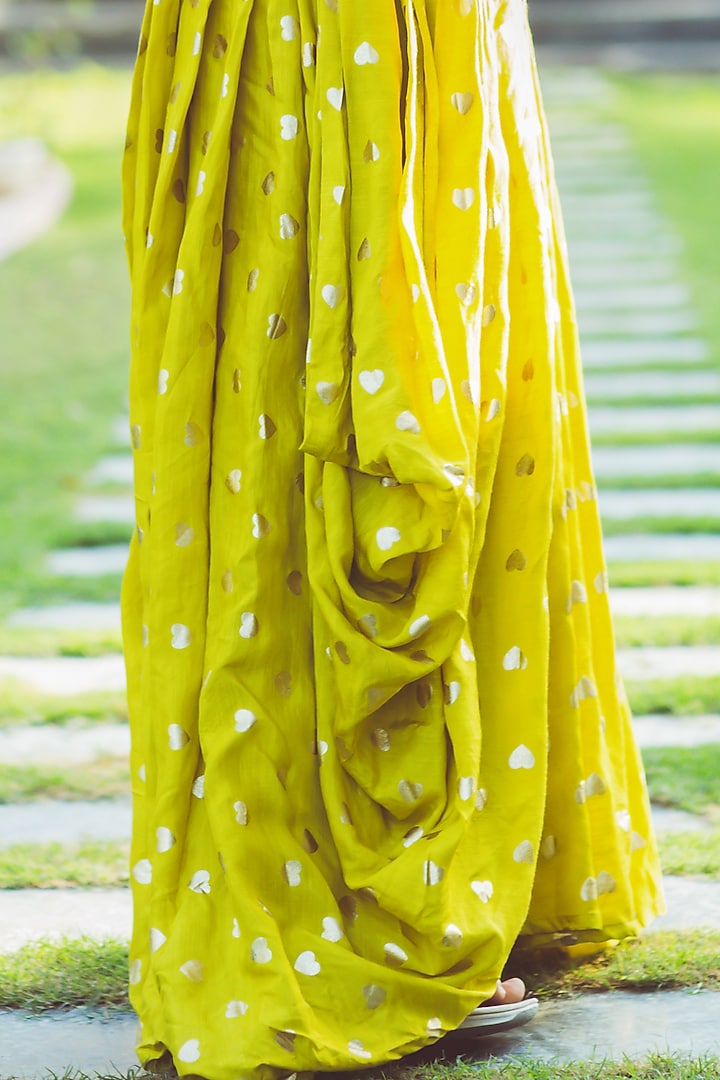 Lime Green Printed Draped Skirt Set by Aaryaa By Kashveen Kohli at Pernia's Pop Up Shop