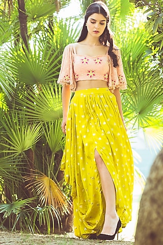 Lime Green Motifs Printed Draped Skirt Set by Aaryaa By Kashveen Kohli