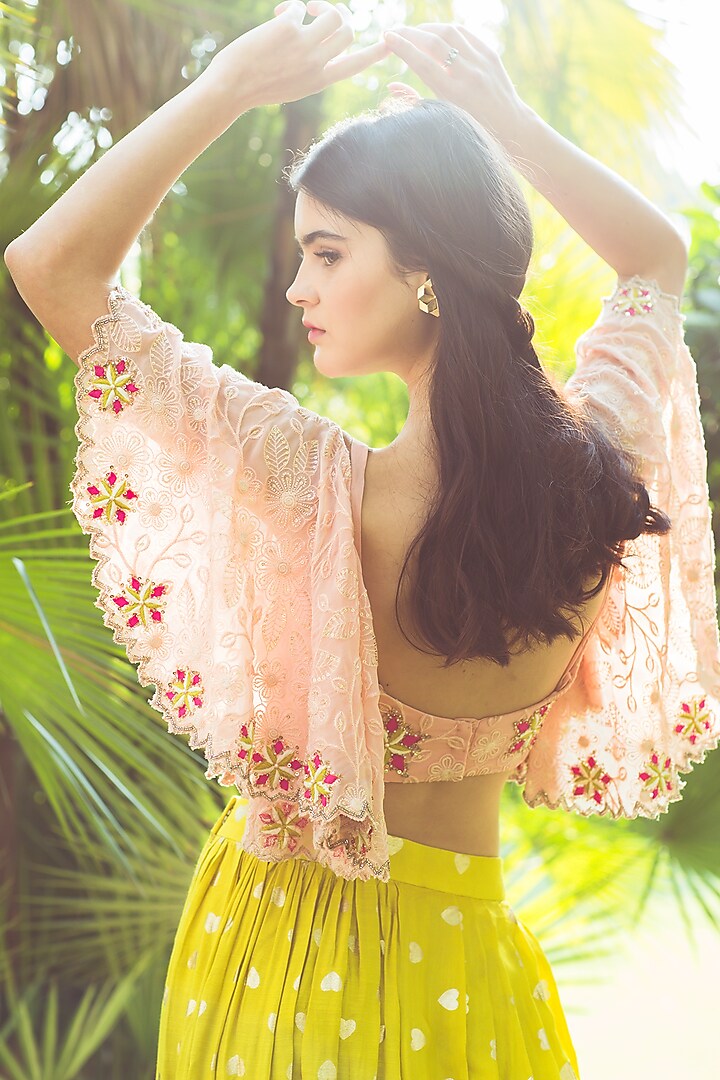 Lime Green Motifs Printed Draped Skirt Set by Aaryaa By Kashveen Kohli at Pernia's Pop Up Shop