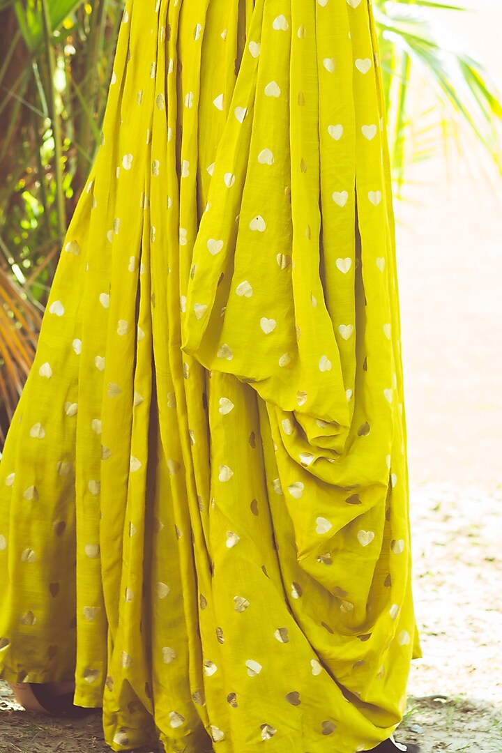 Lime Green Motifs Printed Draped Skirt Set by Aaryaa By Kashveen Kohli at Pernia's Pop Up Shop