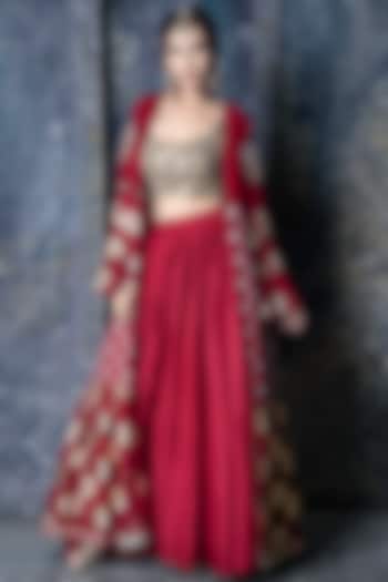 Red Muslin Slub Draped Skirt Set With Cape by Aaryaa By Kashveen Kohli