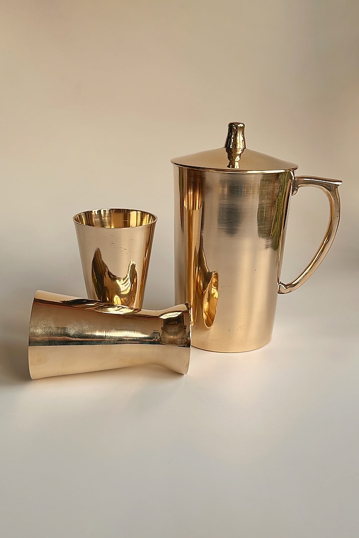 Gold Kansa Handmade Pitcher Jug With Glasses (Set of 3) by Abel House at Pernia's Pop Up Shop