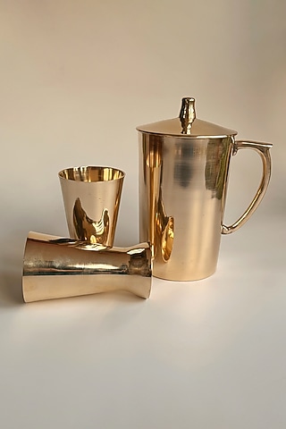 Gold Kansa Handmade Pitcher Jug With Glasses (Set of 3) by Abel House