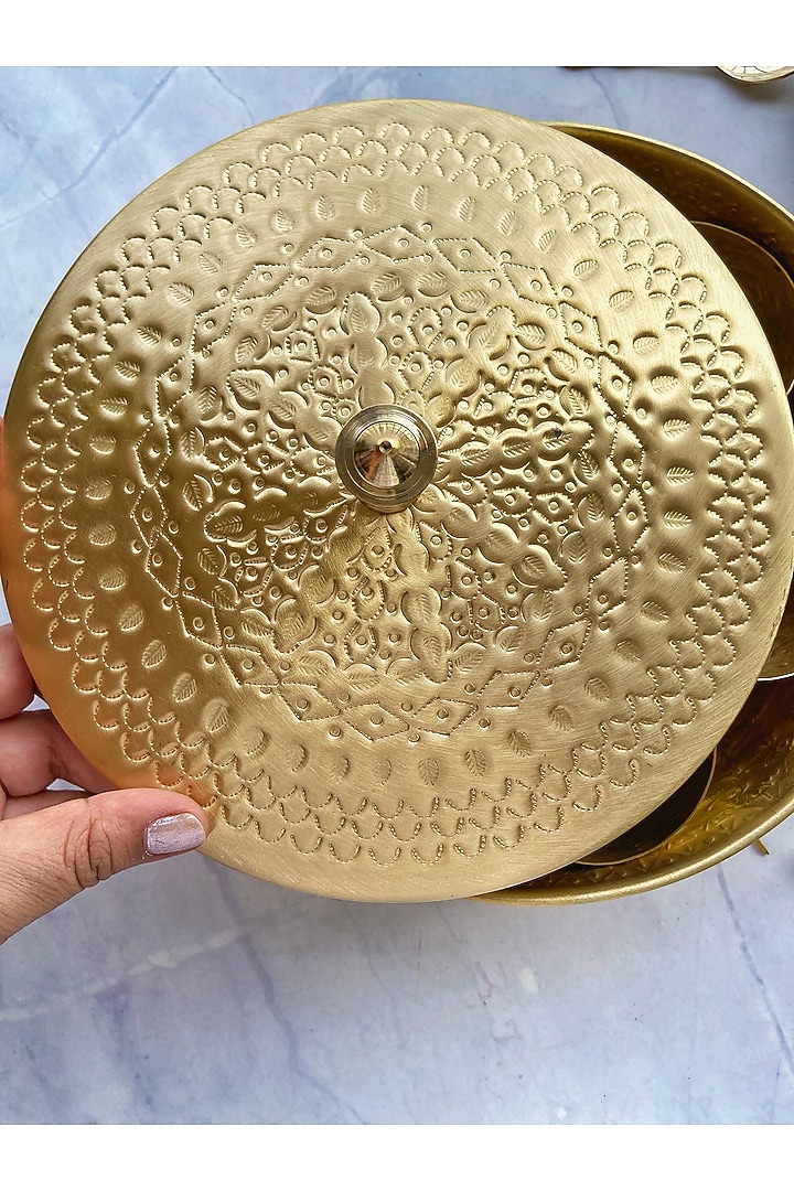 Gold Brass Pure Hand Chitai Spice Box by Abel House at Pernia's Pop Up Shop