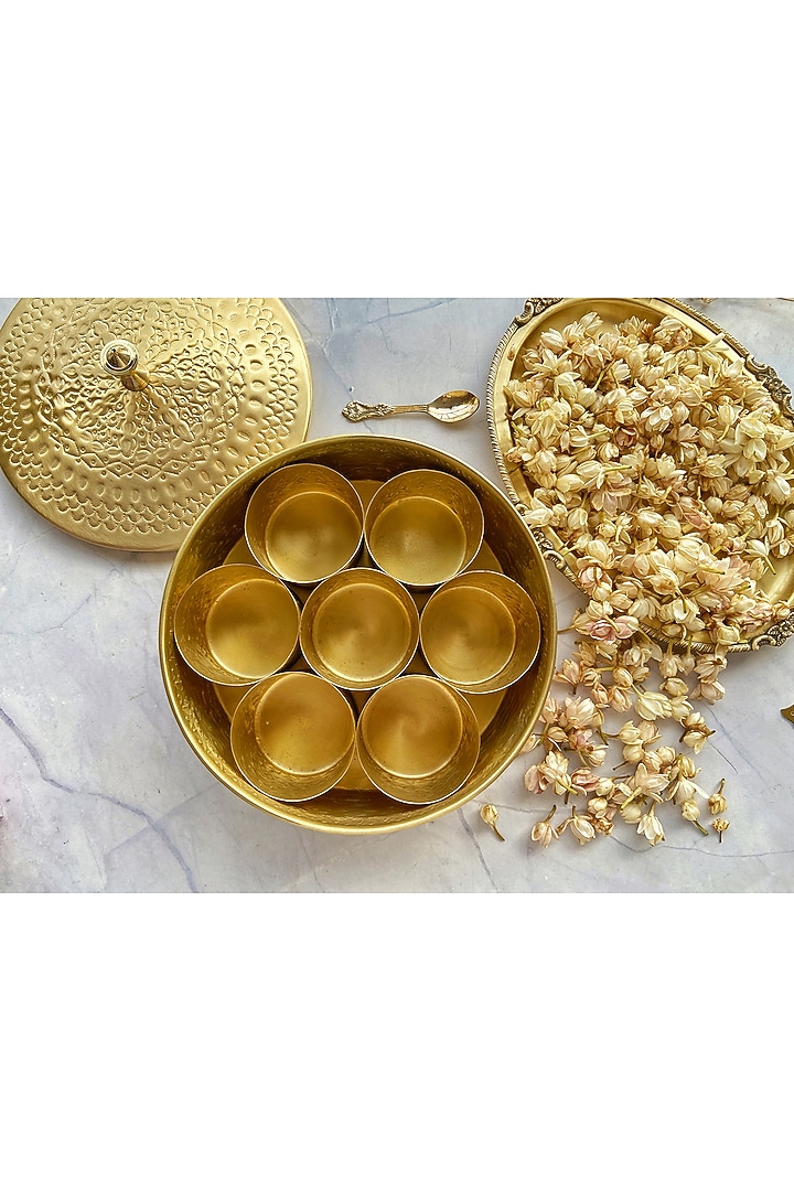 Gold Brass Pure Hand Chitai Spice Box by Abel House at Pernia's Pop Up Shop