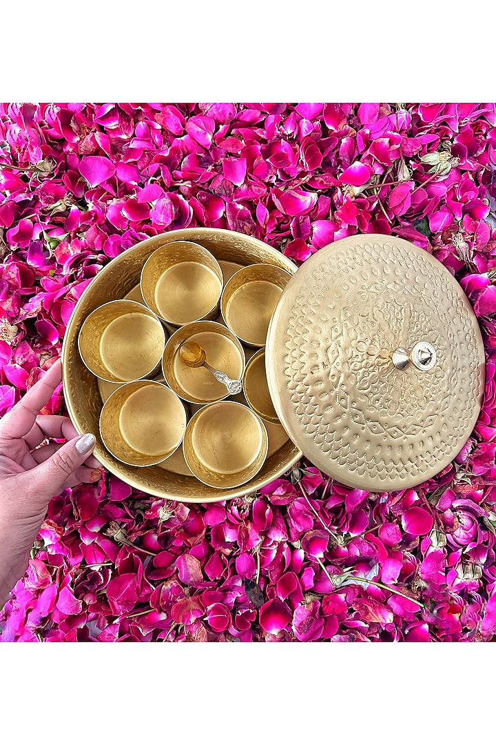 Gold Brass Pure Hand Chitai Spice Box by Abel House at Pernia's Pop Up Shop