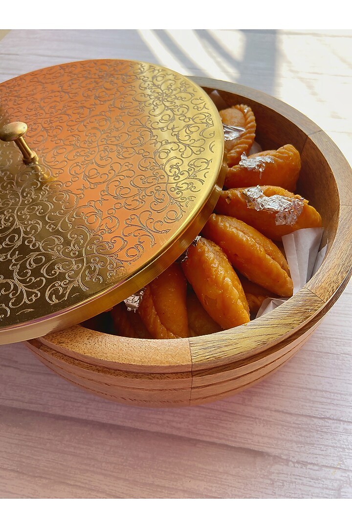 Gold Mango Wood and Steel Chapati Box by Abel House at Pernia's Pop Up Shop