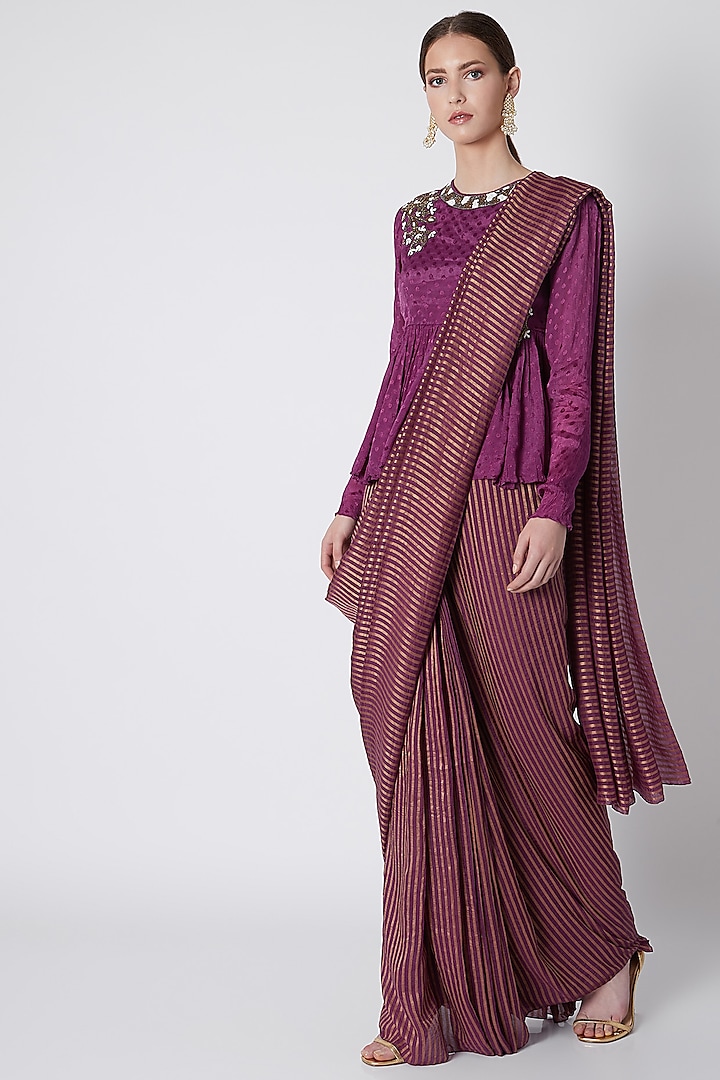 Purple Crinkle Jacquard Dot & Gold Striped Pre-Stitched Saree Set by Abstract by Megha Jain Madaan