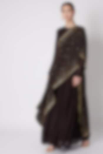 Brown Embroidered Gown With Draped Dupatta by Abstract by Megha Jain Madaan