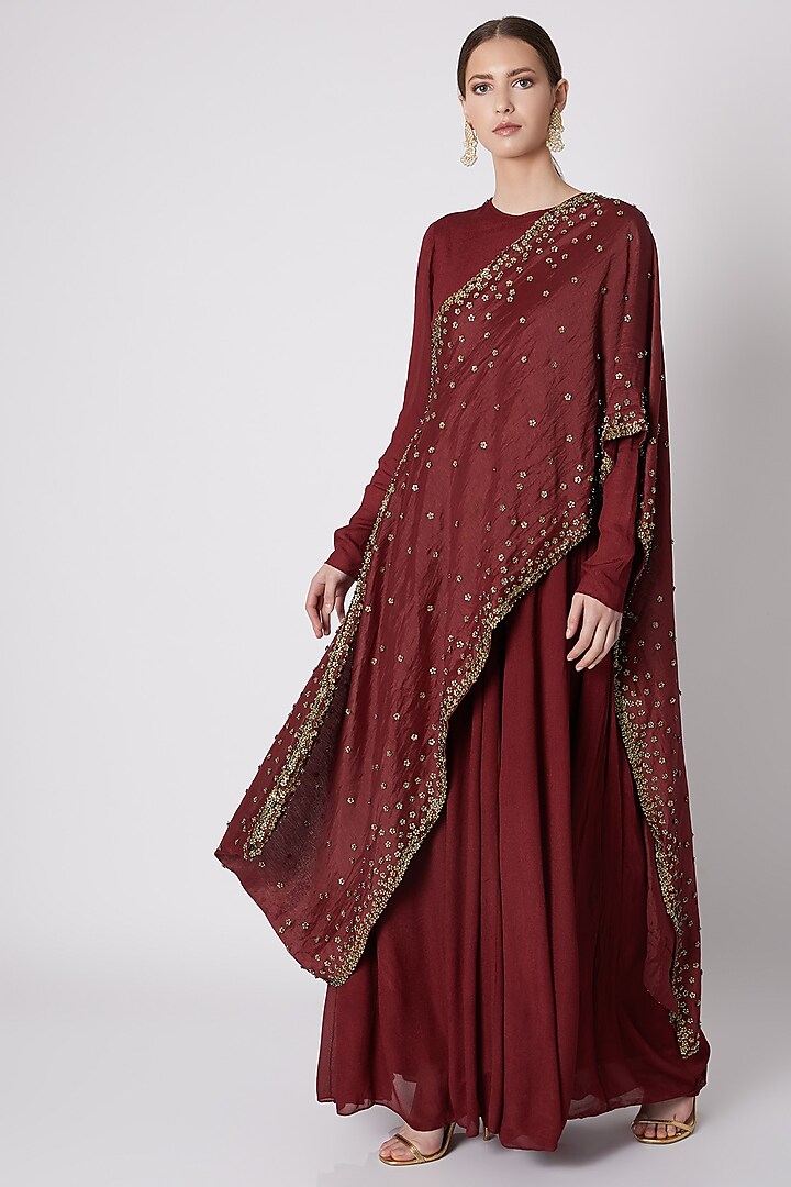 Maroon Embroidered Gown With Draped Dupatta by Abstract by Megha Jain Madaan