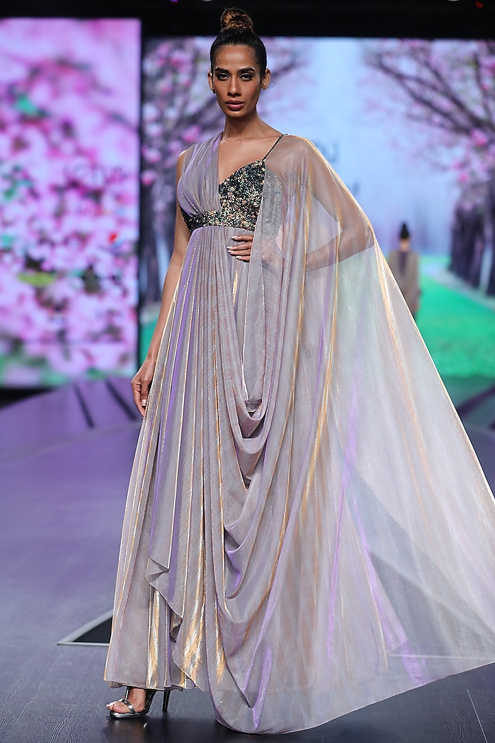 Lilac Sequins Embroidered Maxi Dress With Drape by Abstract by Megha Jain Madaan