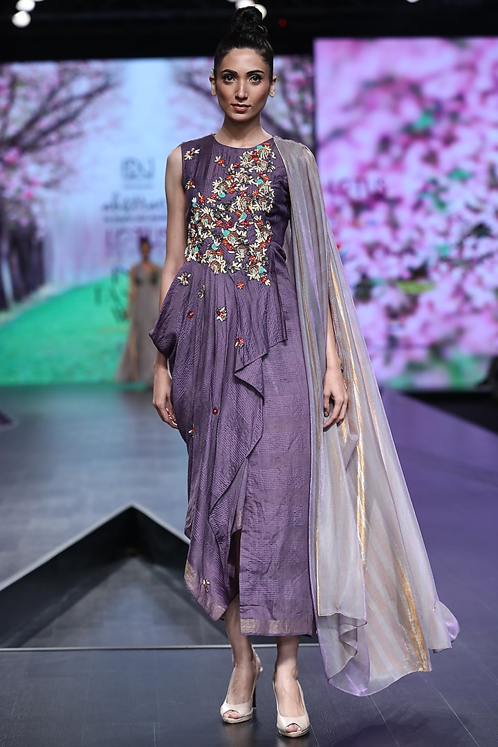 Lavender Embroidered Asymmetric Dress With Drape by Abstract by Megha Jain Madaan