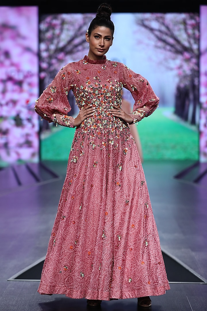 Pink Embroidered Maxi Dress by Abstract by Megha Jain Madaan