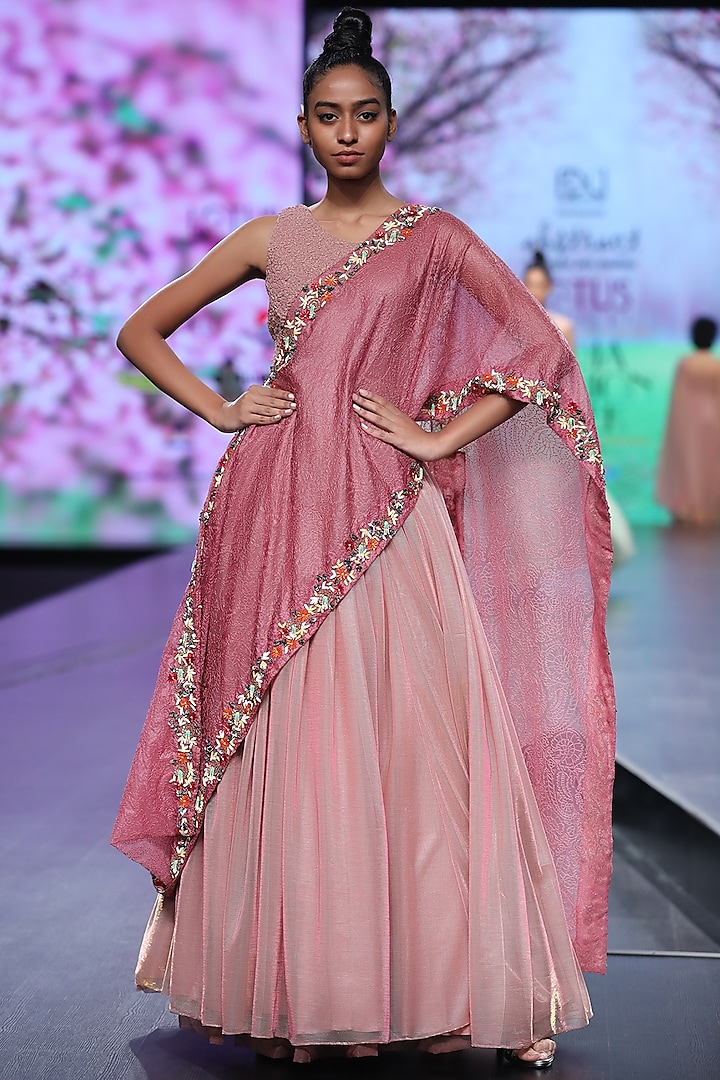 Pink Embroidered Dress With Attached Dupatta by Abstract by Megha Jain Madaan