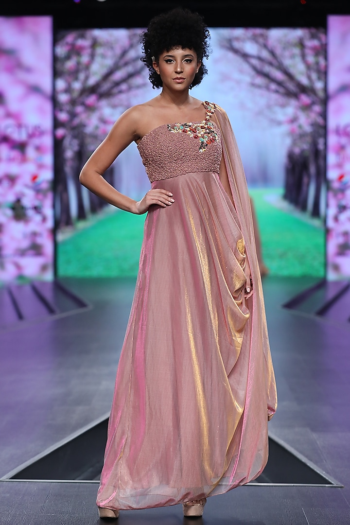 Pink Embroidered Dress With Drape by Abstract by Megha Jain Madaan