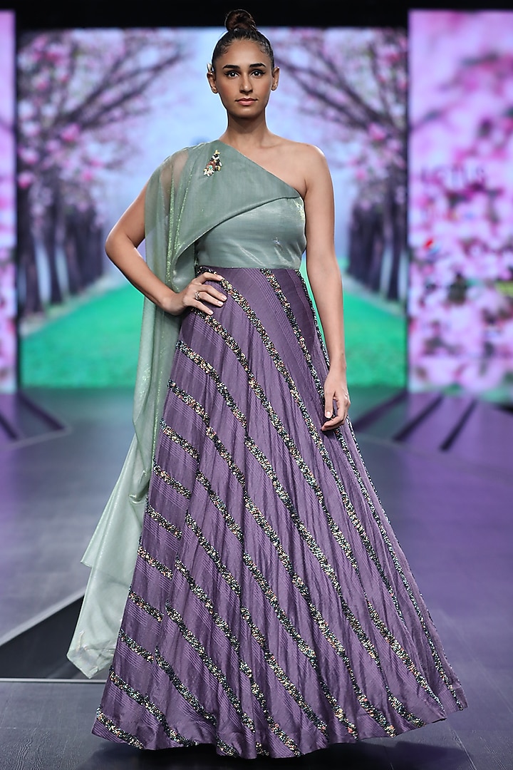 Green & Laveander Embroidered Dress With Drape by Abstract by Megha Jain Madaan