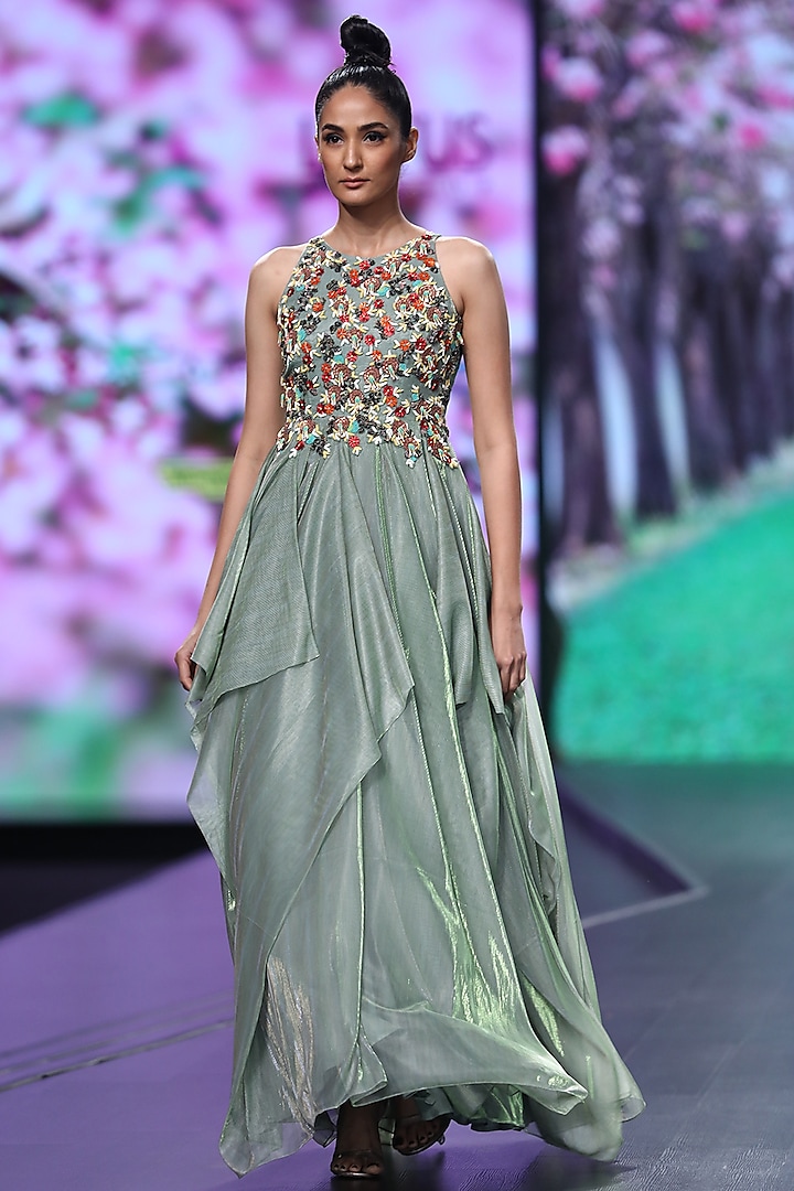 Green Embroidered Maxi Dress by Abstract by Megha Jain Madaan