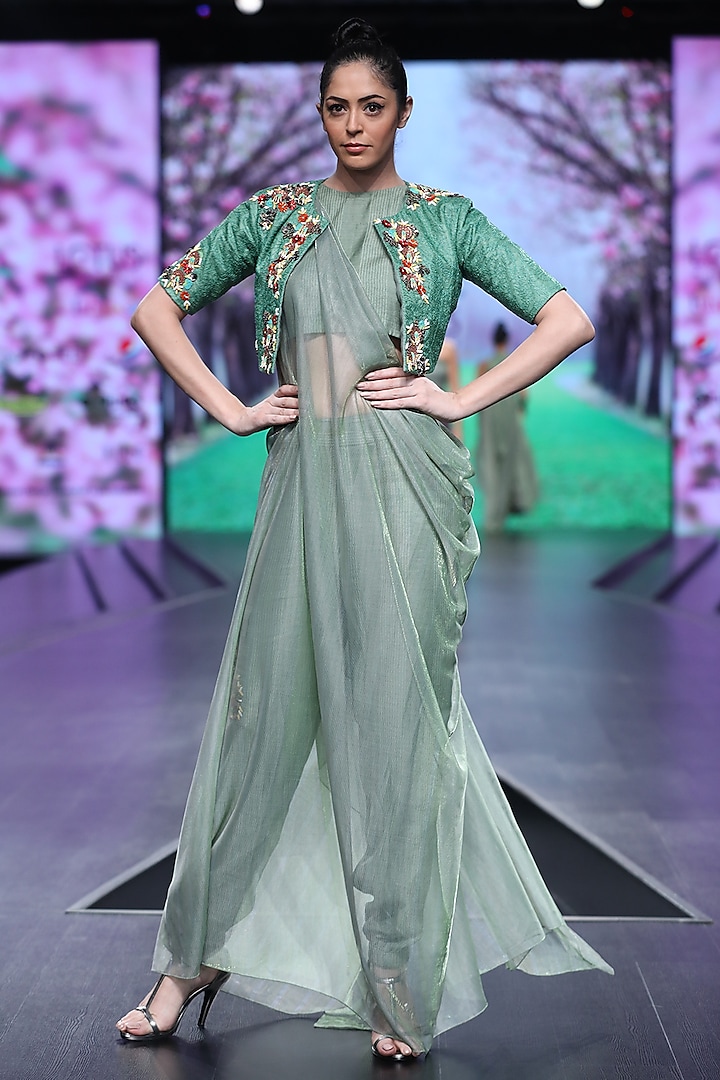 Green Embroidered Jacket With Jogger Pants & Drape by Abstract by Megha Jain Madaan