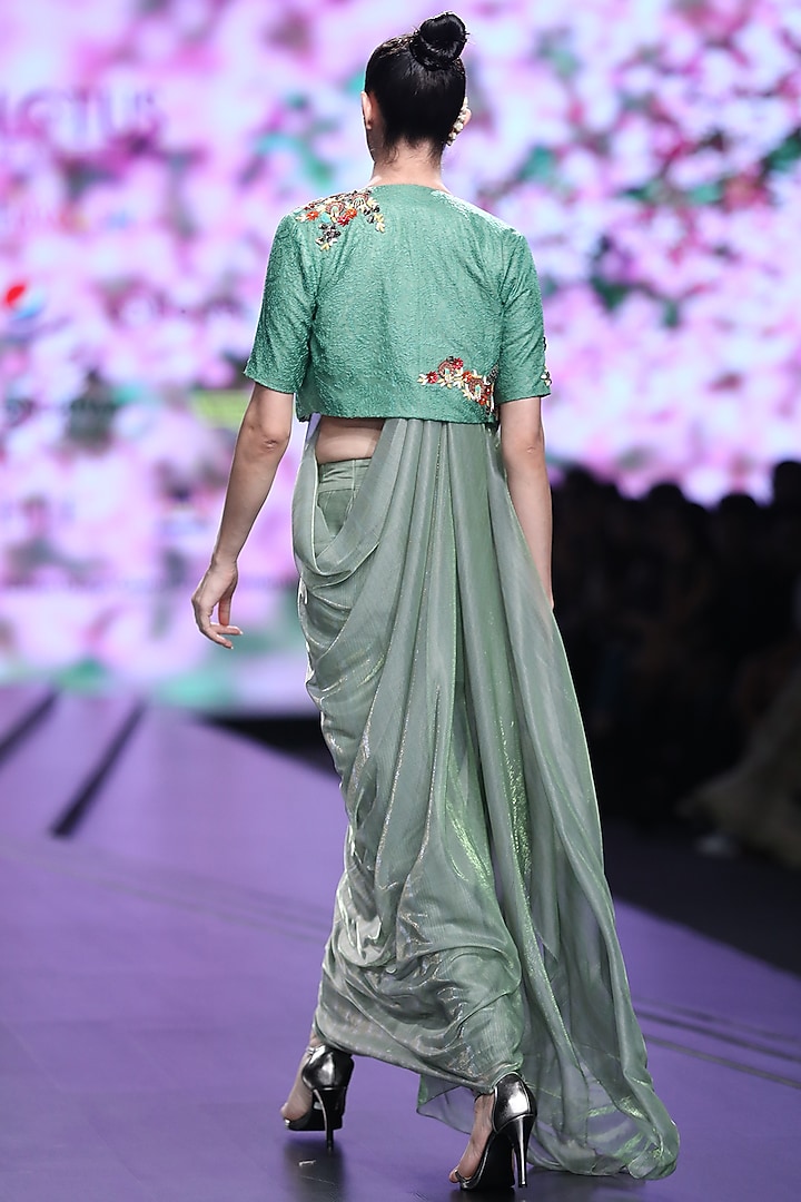 Green Embroidered Jacket With Jogger Pants & Drape by Abstract by Megha Jain Madaan at Pernia's Pop Up Shop
