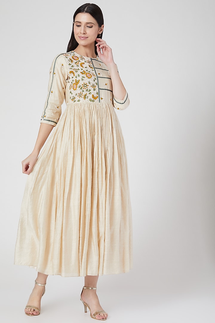 Beige Hand Embroidered Flared Dress by Abstract By Megha Jain Madaan