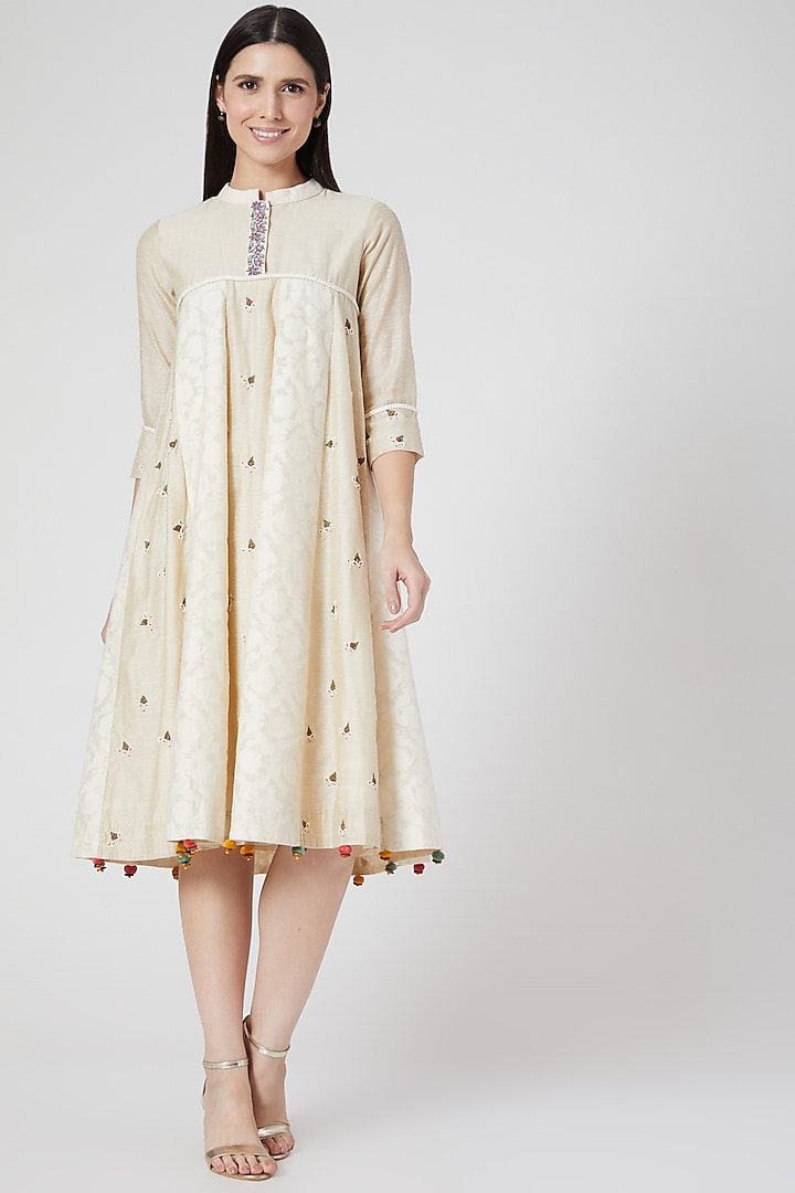 Beige Hand Embroidered Paneled Dress by Abstract By Megha Jain Madaan